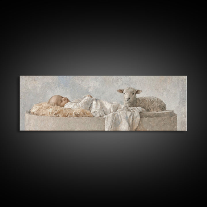 Holy Cradle Calm, Framed Canvas Print, Christian Wall Art, Christian Art Canvas, Christmas Art, Panoramic Painting, Jesus Christmas Art