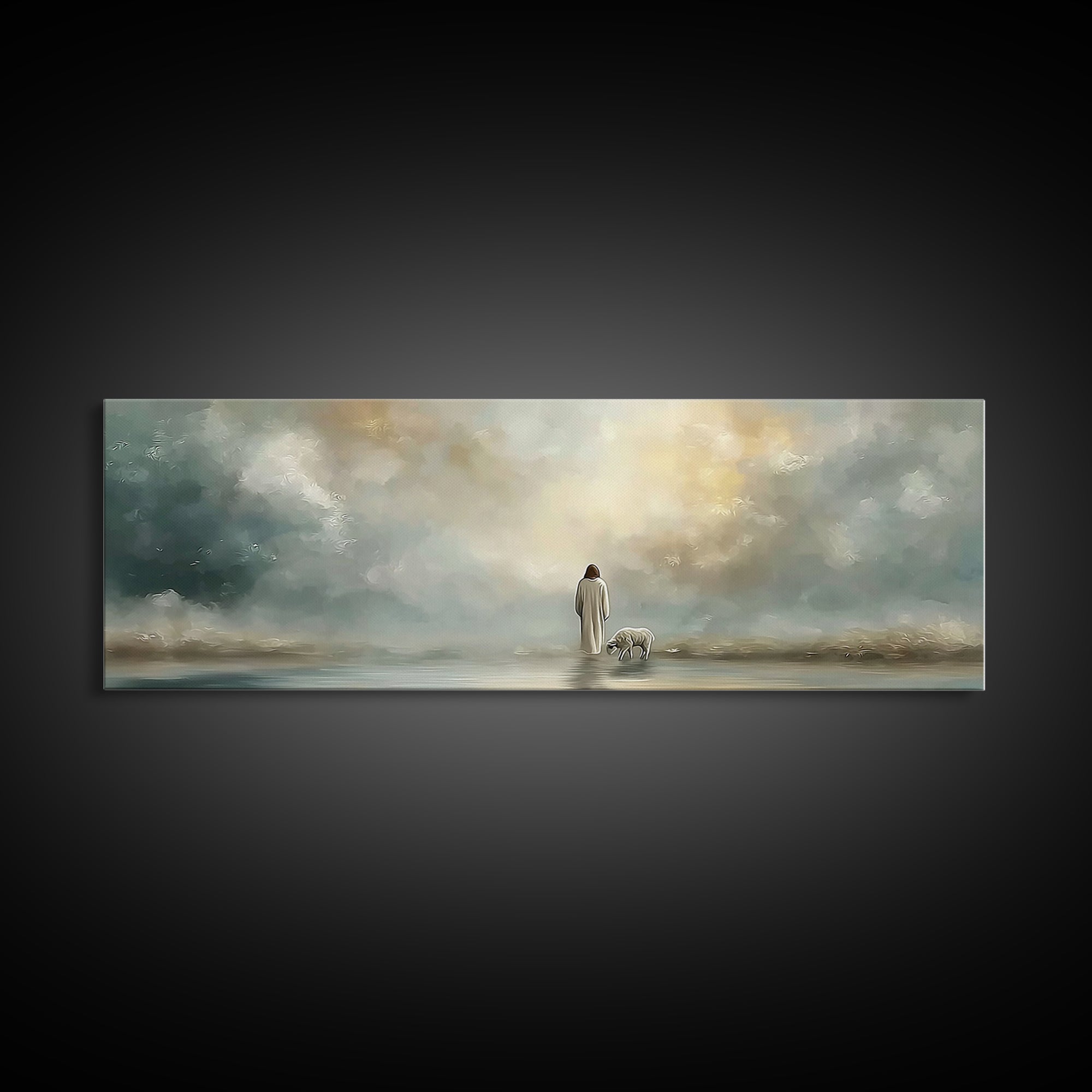 Heavenly Pasture Light | Framed Canvas Print | Panoramic Painting | Christian Wall Art | Christian Art Canvas | Jesus Art Print | Christian