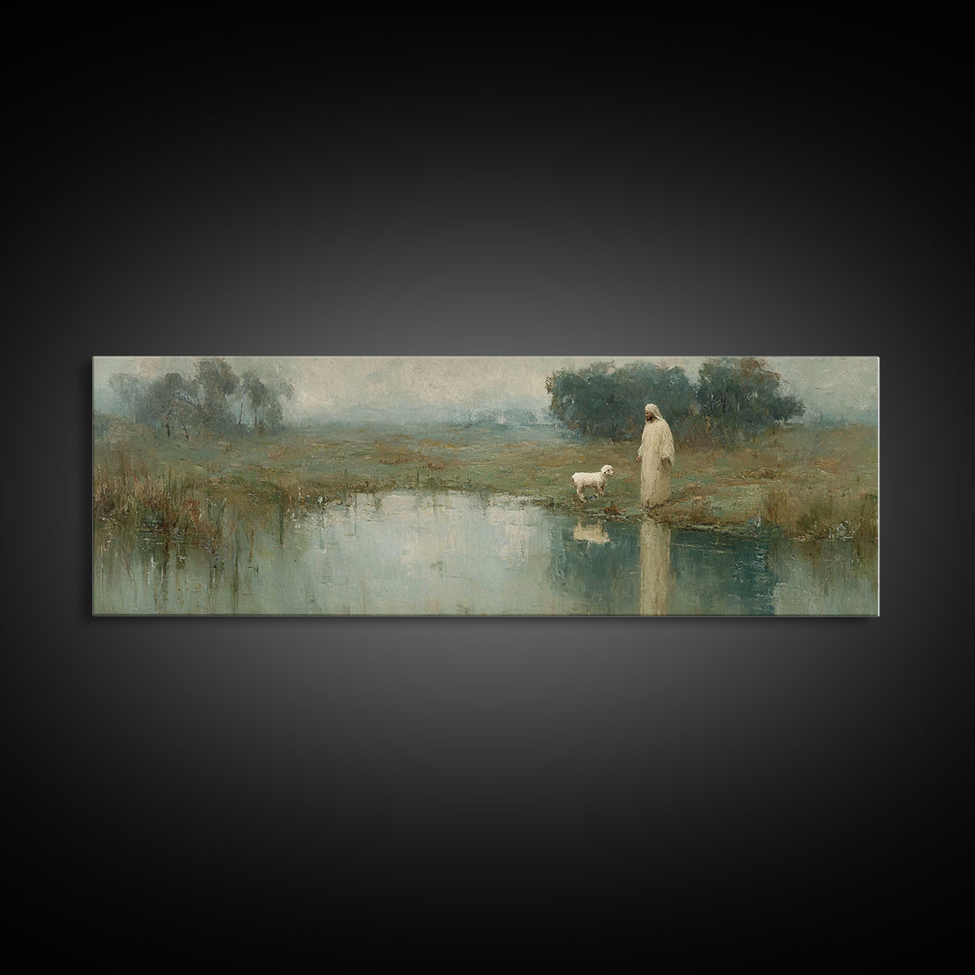 Still Waters Calling, Framed Canvas Print, Panoramic Wall Art, Christian Art Canvas, Christian Wall Art, Jesus Painting, Christian Decor