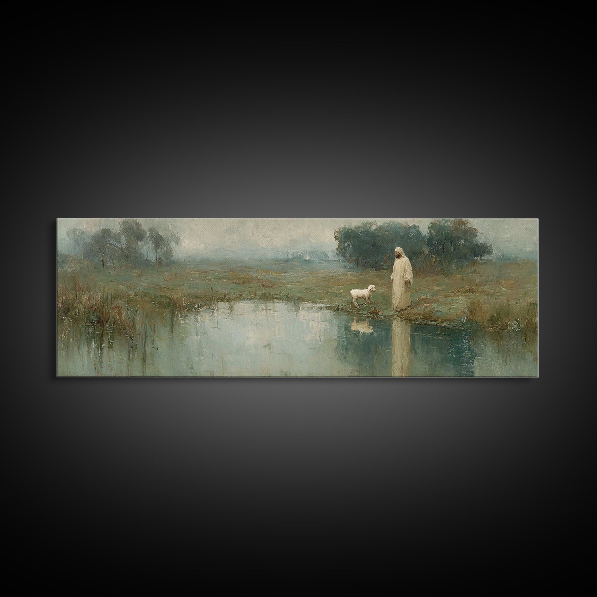 Still Waters Calling, Framed Canvas Print, Panoramic Wall Art, Christian Art Canvas, Christian Wall Art, Jesus Painting, Christian Decor