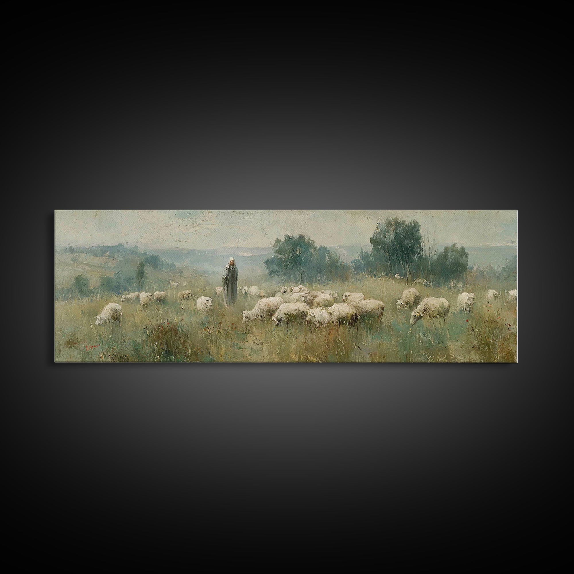 Pastoral Daybreak, Framed Canvas Print, Panoramic Art, Christian Wall Art, Christian Art Canvas, Christian Painting, Jesus Wall Art