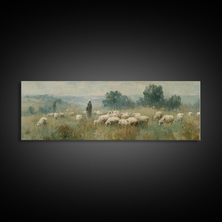 Pastoral Daybreak, Framed Canvas Print, Panoramic Art, Christian Wall Art, Christian Art Canvas, Christian Painting, Jesus Wall Art