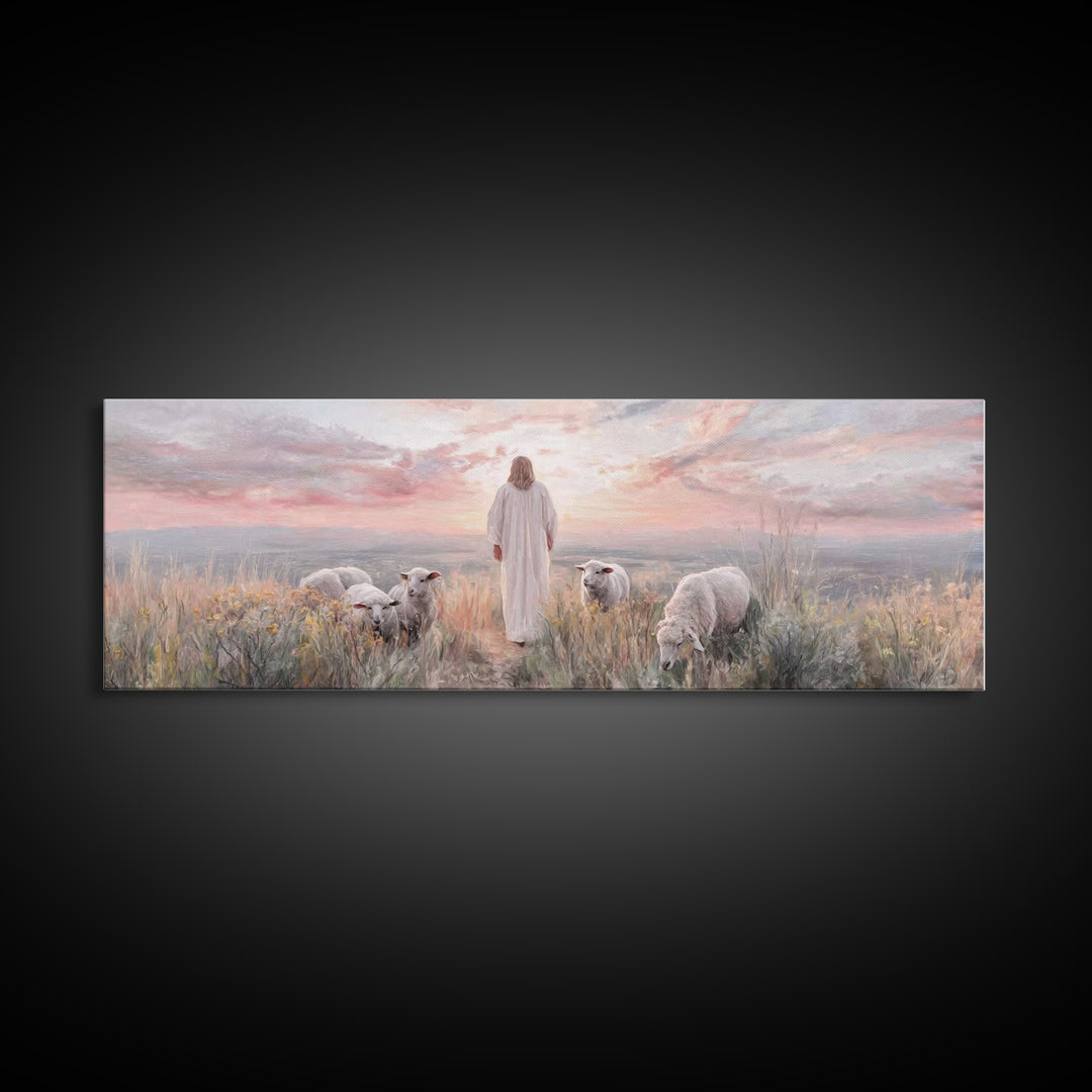 Dawn Among The Flock | Framed Canvas Print | Panoramic Wall Art | Christian Wall Art | Christian Art Canvas | Christian Painting | Jesus Ar