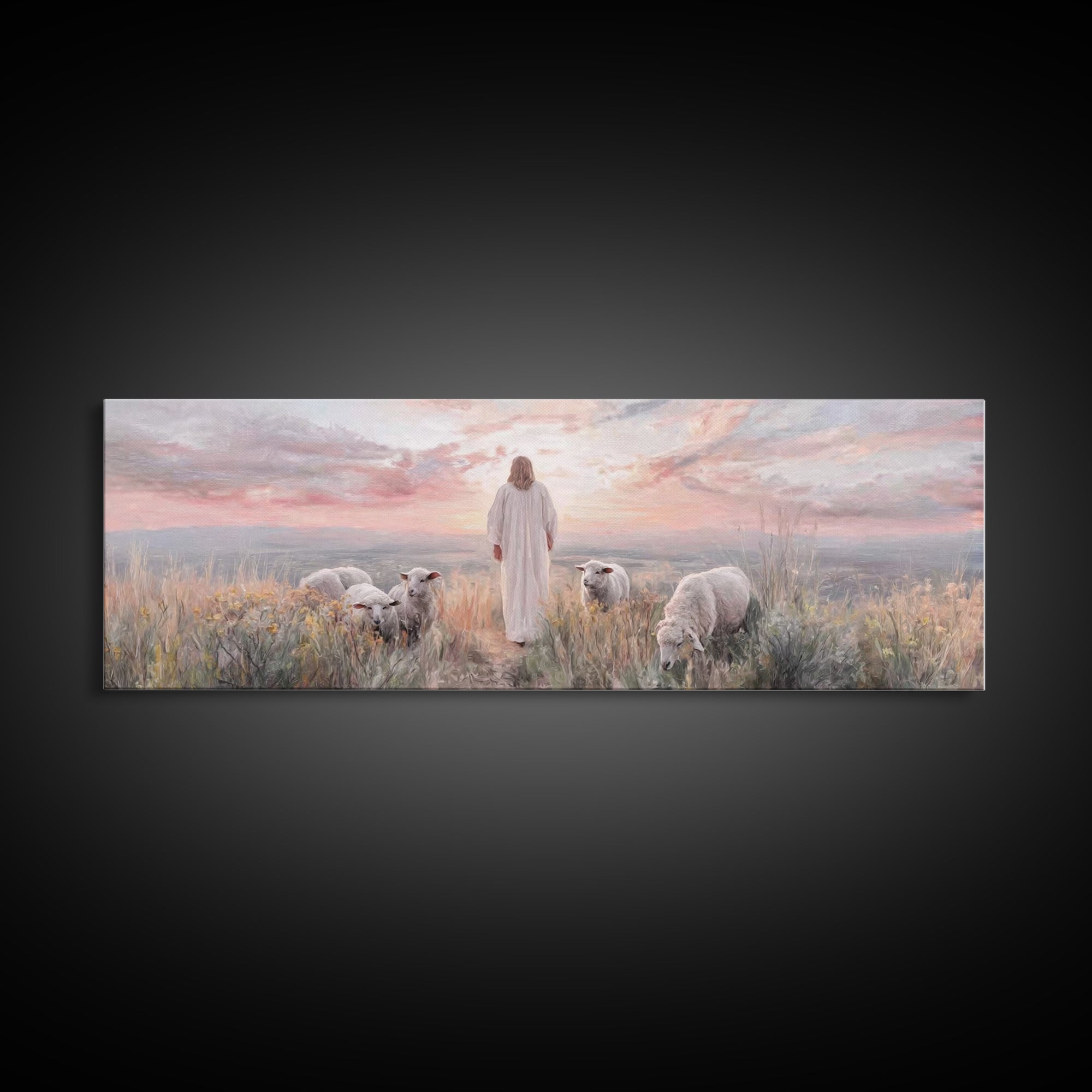 Dawn Among The Flock | Framed Canvas Print | Panoramic Wall Art | Christian Wall Art | Christian Art Canvas | Christian Painting | Jesus Ar