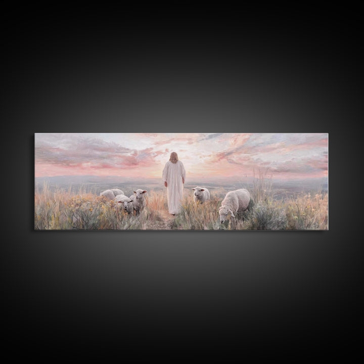 Dawn Among The Flock | Framed Canvas Print | Panoramic Wall Art | Christian Wall Art | Christian Art Canvas | Christian Painting | Jesus Ar
