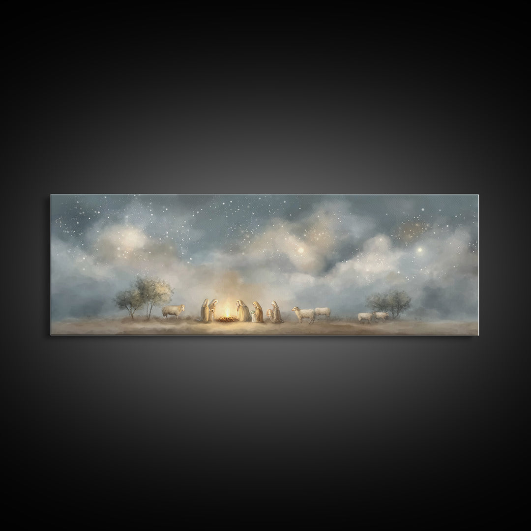 Starry Vigil, Framed Canvas Print, Panoramic Print, Christian Christmas Art, Christian Wall Art, Christmas Art Prints, Christian Art Canvas
