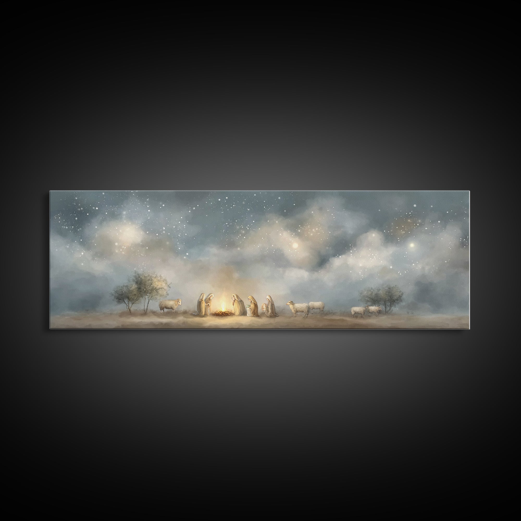 Starry Vigil, Framed Canvas Print, Panoramic Print, Christian Christmas Art, Christian Wall Art, Christmas Art Prints, Christian Art Canvas