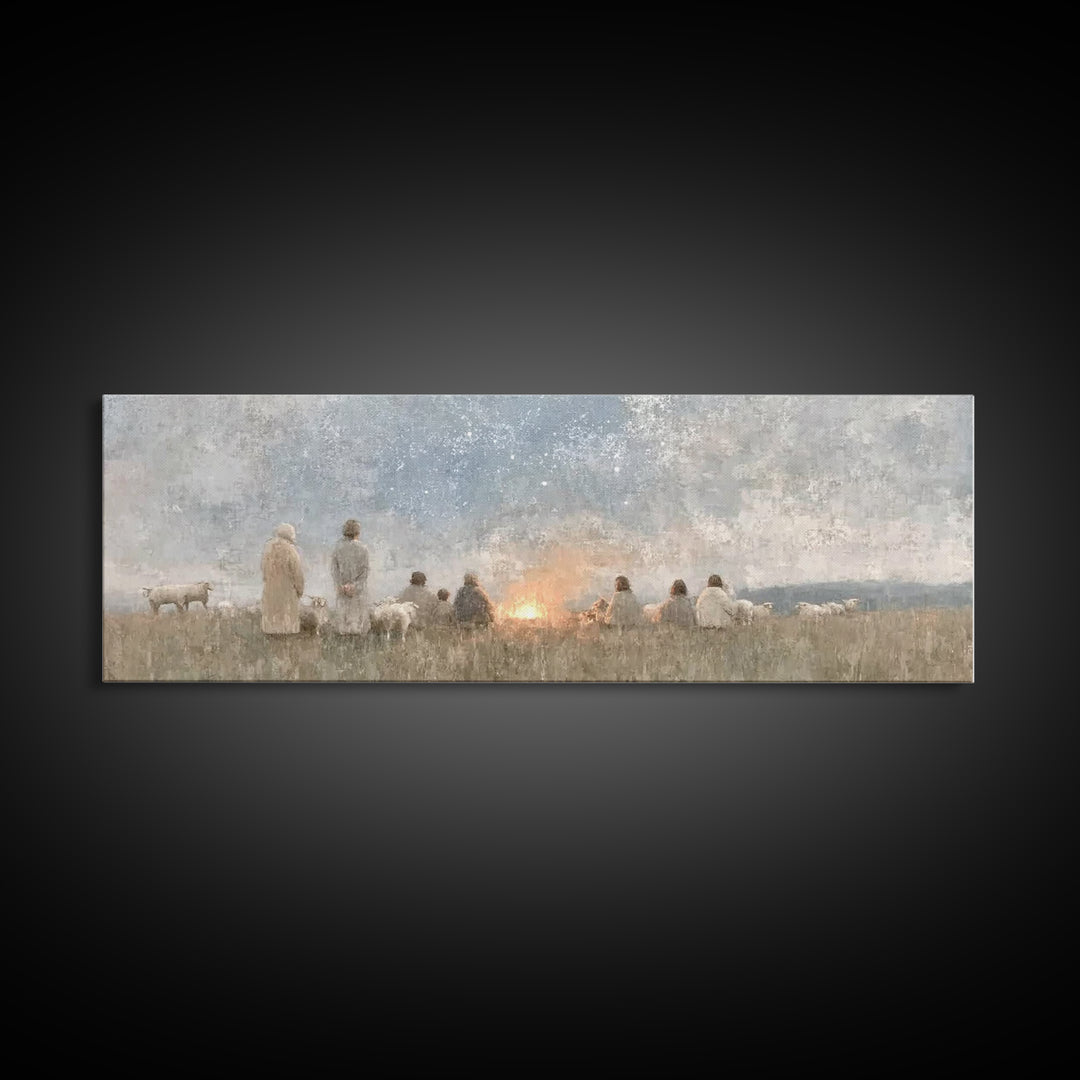 Quiet Field Gathering – Framed Canvas Print – Panoramic Painting – Christian Art – Vintage Christmas Art – Christian Wall Art – Subtle Chri