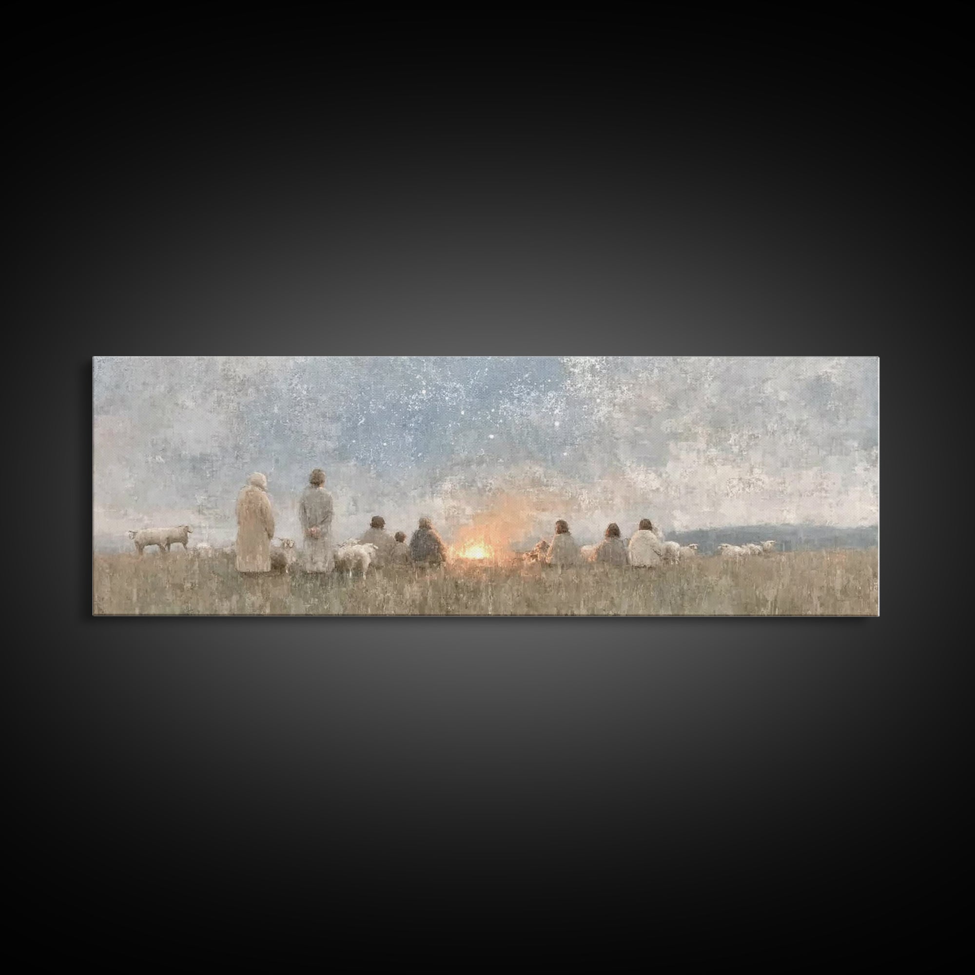 Quiet Field Gathering – Framed Canvas Print – Panoramic Painting – Christian Art – Vintage Christmas Art – Christian Wall Art – Subtle Chri
