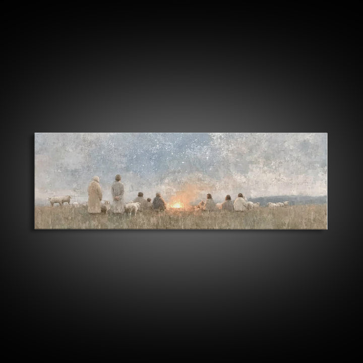 Quiet Field Gathering – Framed Canvas Print – Panoramic Painting – Christian Art – Vintage Christmas Art – Christian Wall Art – Subtle Chri