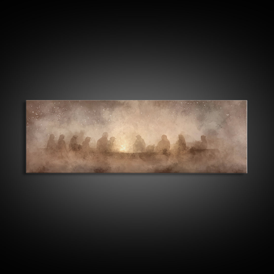 Fireside Reverence, Framed Canvas Print, Panoramic Wall Art, Christian Art Canvas, Moody Christmas Art, Christian Wall Art, Christian Decor