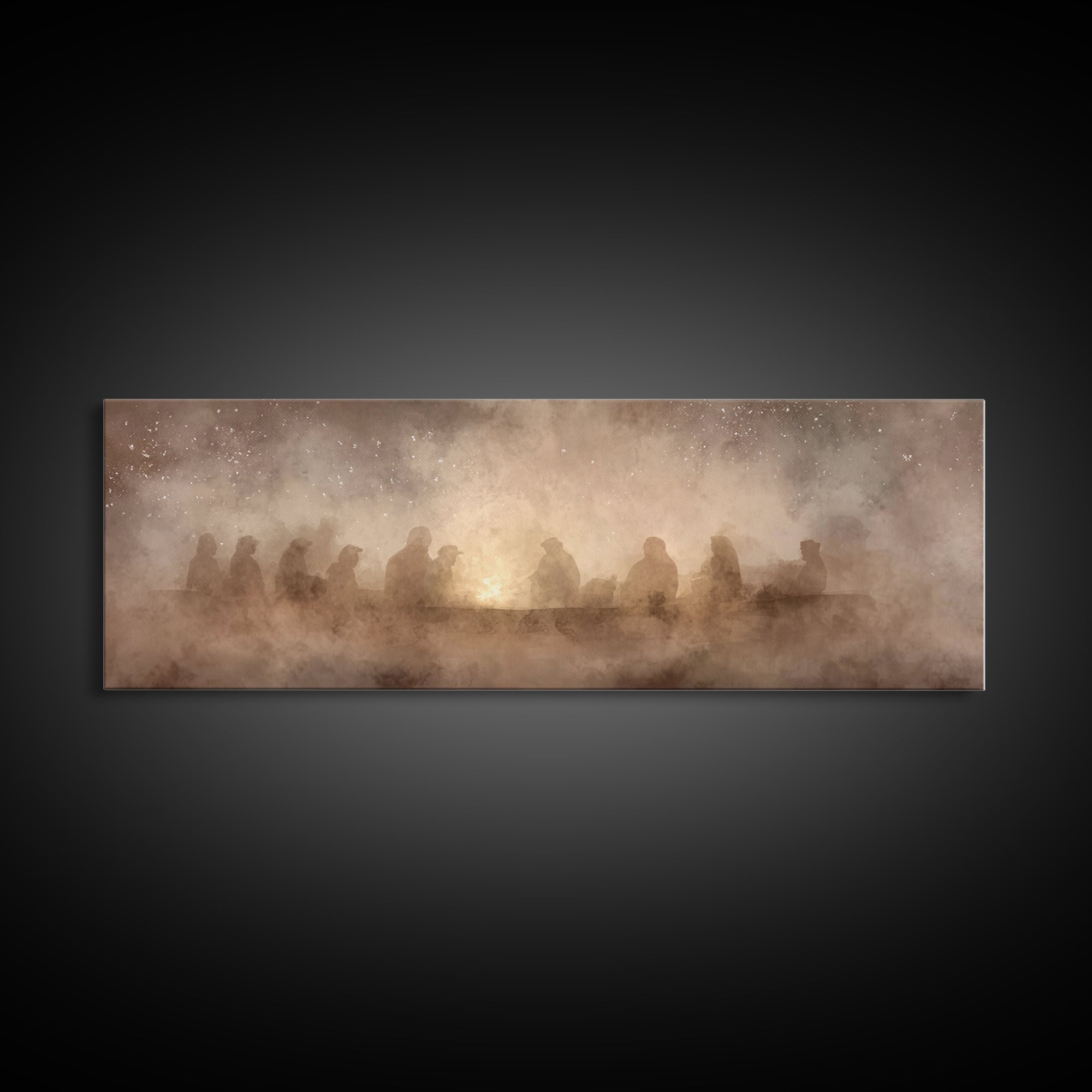 Fireside Reverence, Framed Canvas Print, Panoramic Wall Art, Christian Art Canvas, Moody Christmas Art, Christian Wall Art, Christian Decor