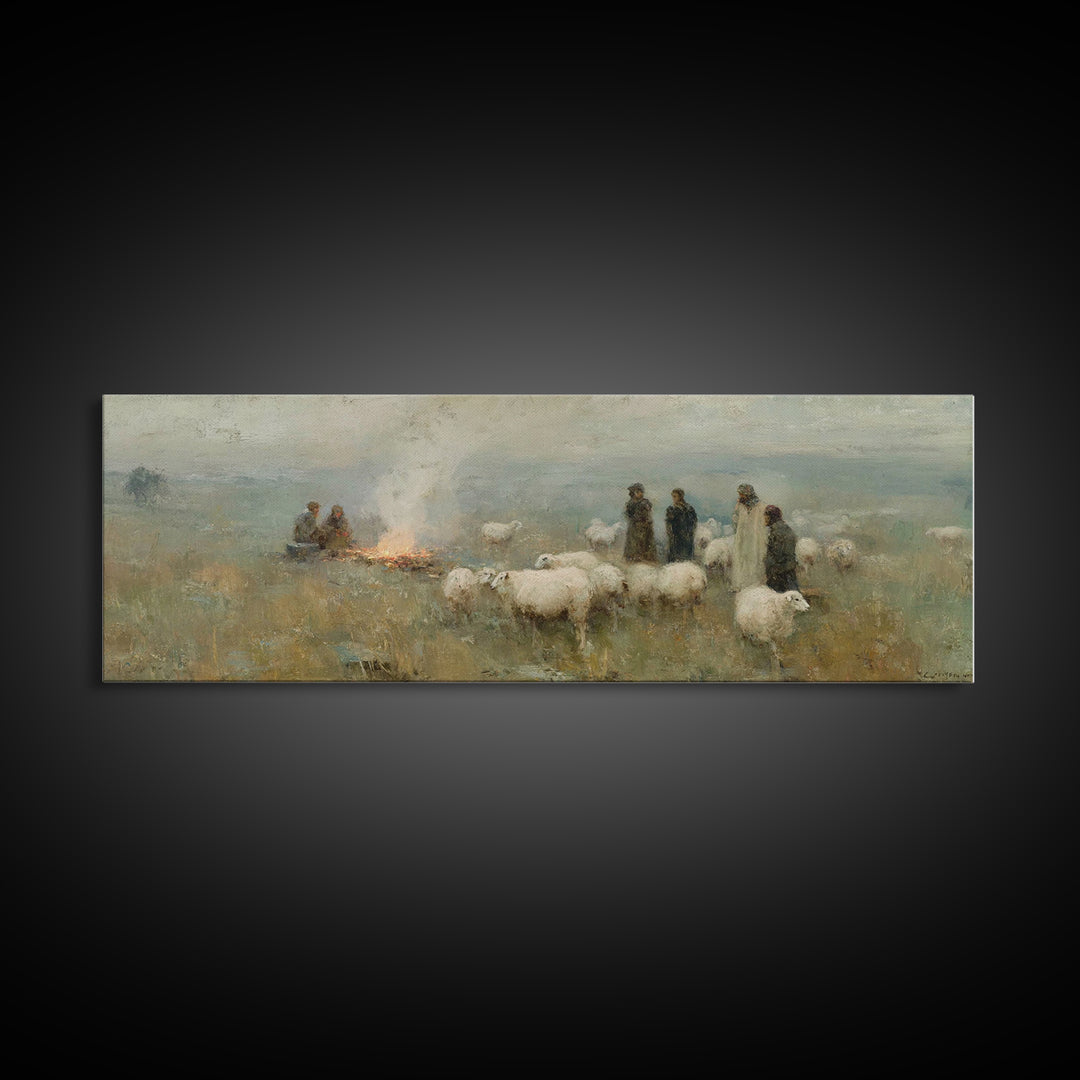 Pasture Night Watch – Framed Canvas Print – Panoramic Print – Christian Christmas Art – Christian Wall Art – Christmas Canvas Wall Art – Ch