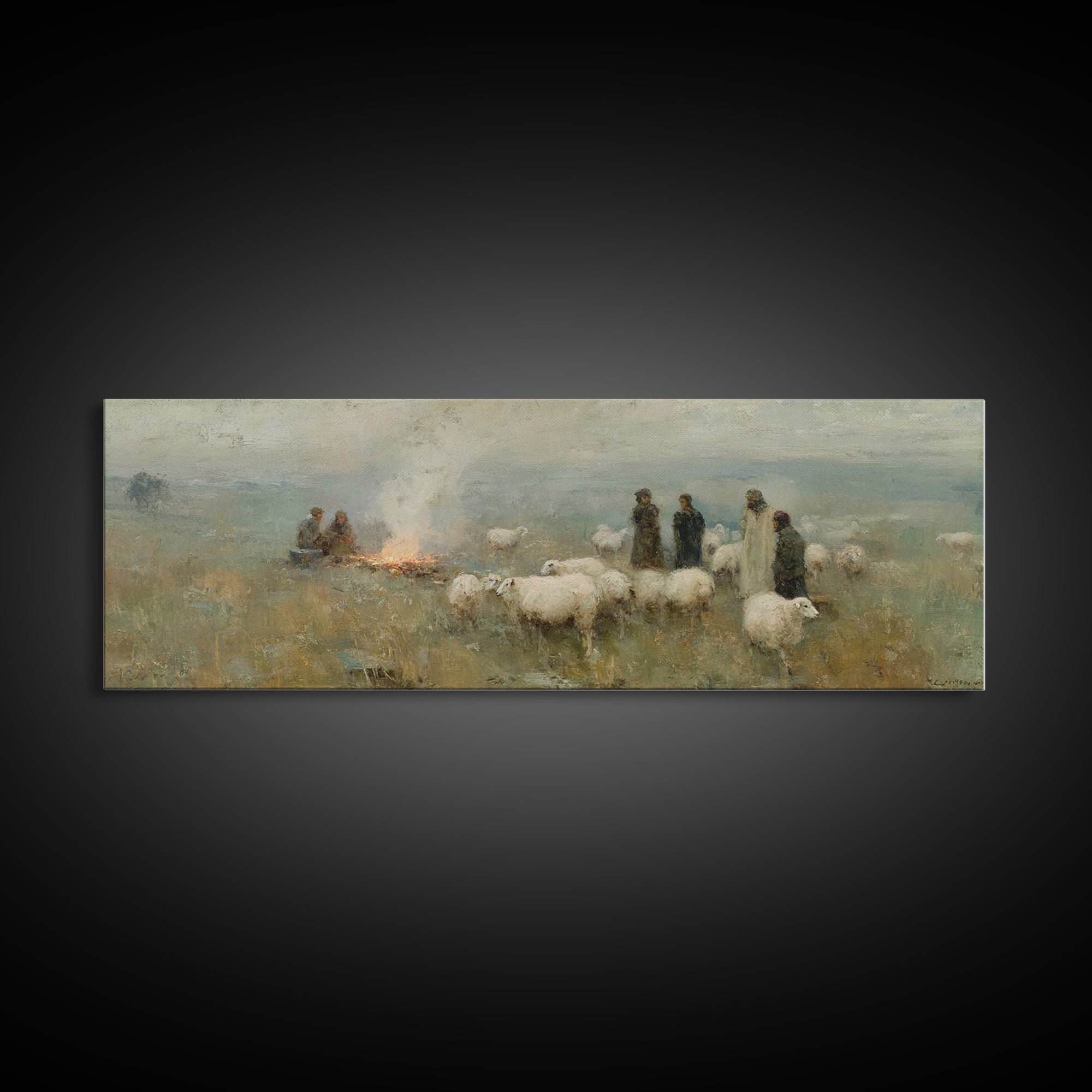 Pasture Night Watch – Framed Canvas Print – Panoramic Print – Christian Christmas Art – Christian Wall Art – Christmas Canvas Wall Art – Ch