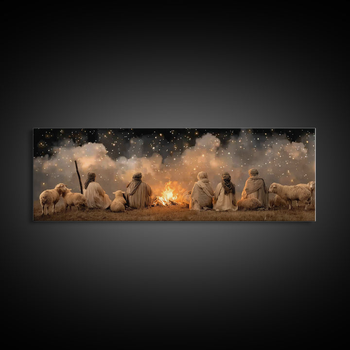 Emberlit Shepherds | Framed Canvas Print | Panoramic Art | Christian Christmas Art | Christian Wall Art | Christmas Art Work | Framed Chris