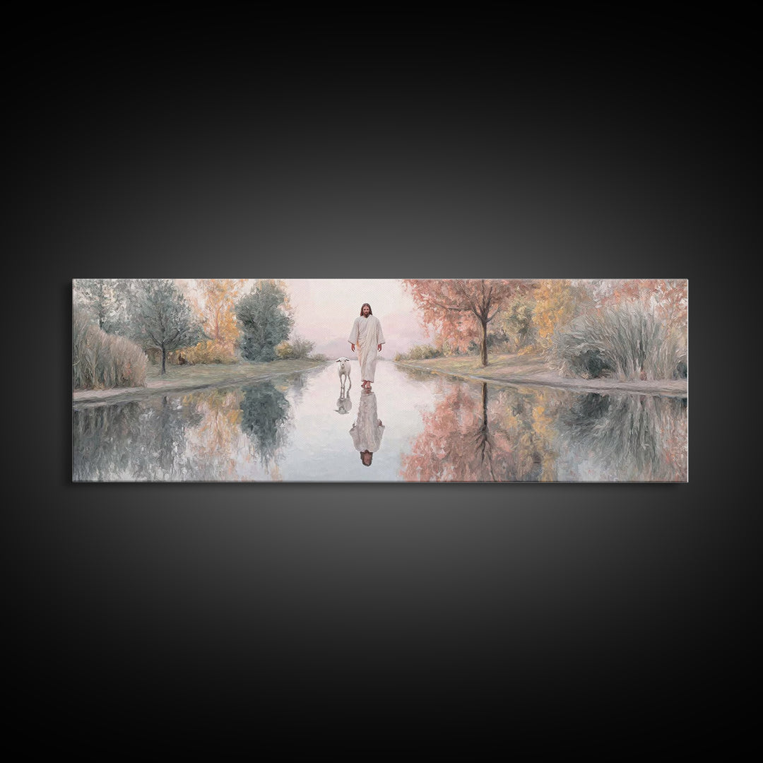 Path Of Still Waters – Framed Canvas Print – Christian Art Canvas – Jesus Painting – Christian Wall Art – Panoramic Art – Christian Decor