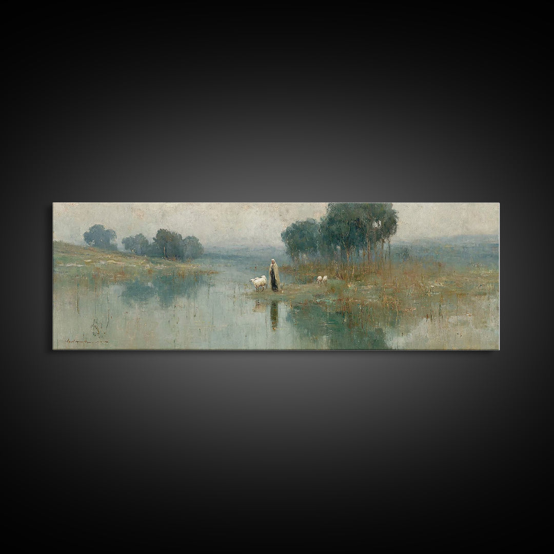 Quiet Shepherd Walk, Framed Canvas Print, Christian Wall Art, Christian Art Canvas, Jesus Painting, Panoramic Painting, Christian Christmas