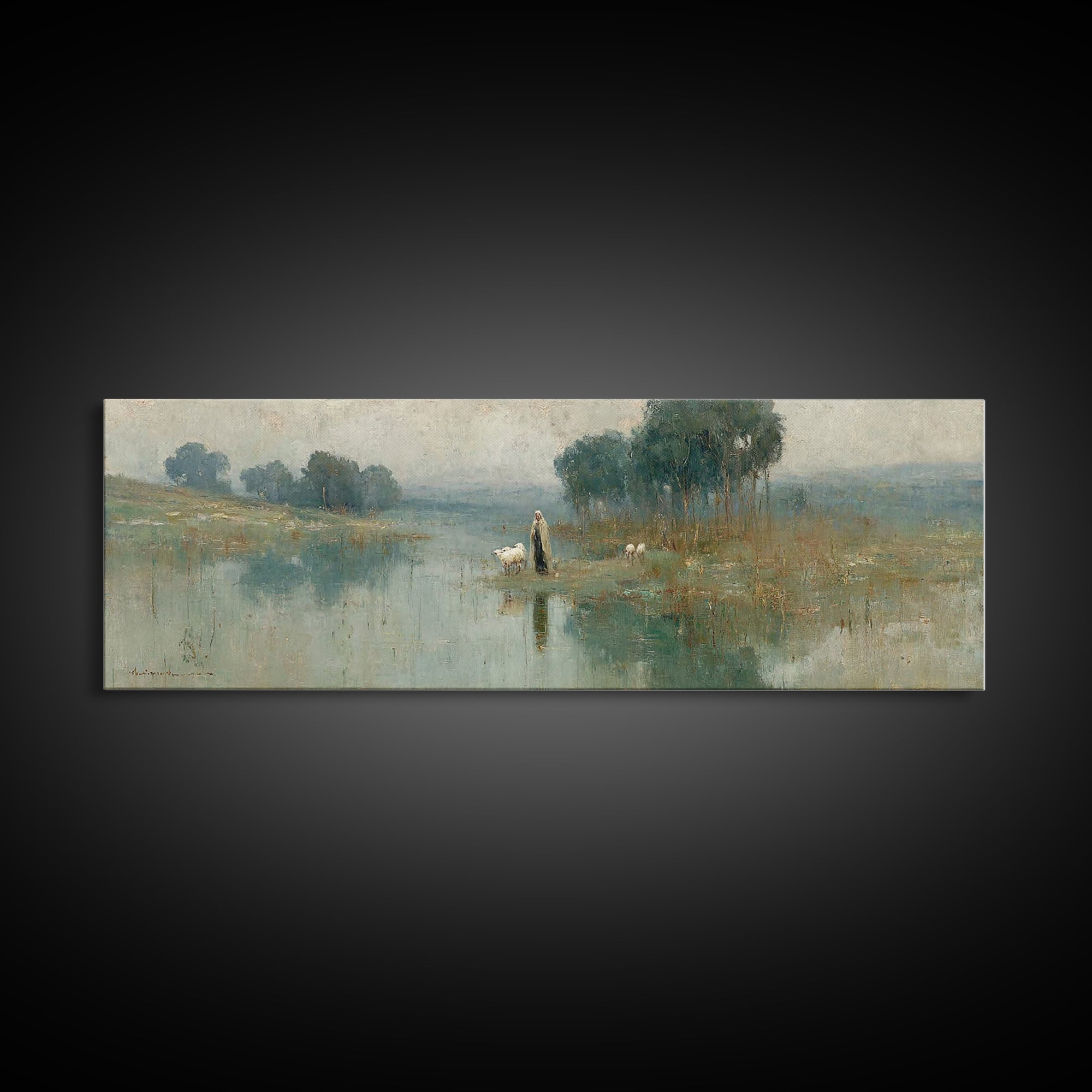 Quiet Shepherd Walk, Framed Canvas Print, Christian Wall Art, Christian Art Canvas, Jesus Painting, Panoramic Painting, Christian Christmas