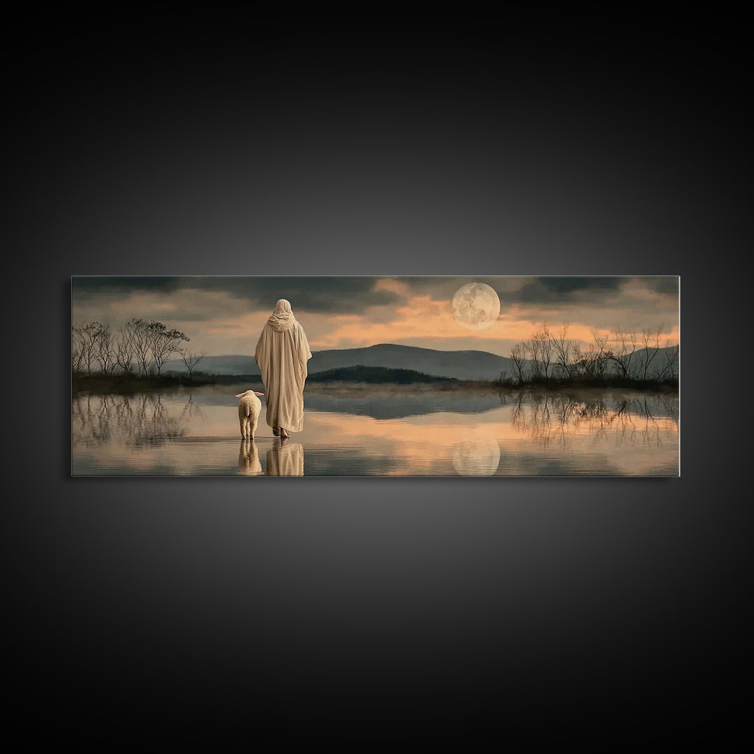 Moonlit Shepherd Path – Framed Canvas Print – Jesus Painting – Christian Wall Art – Christian Art Canvas – Panoramic Print – Christian Chri