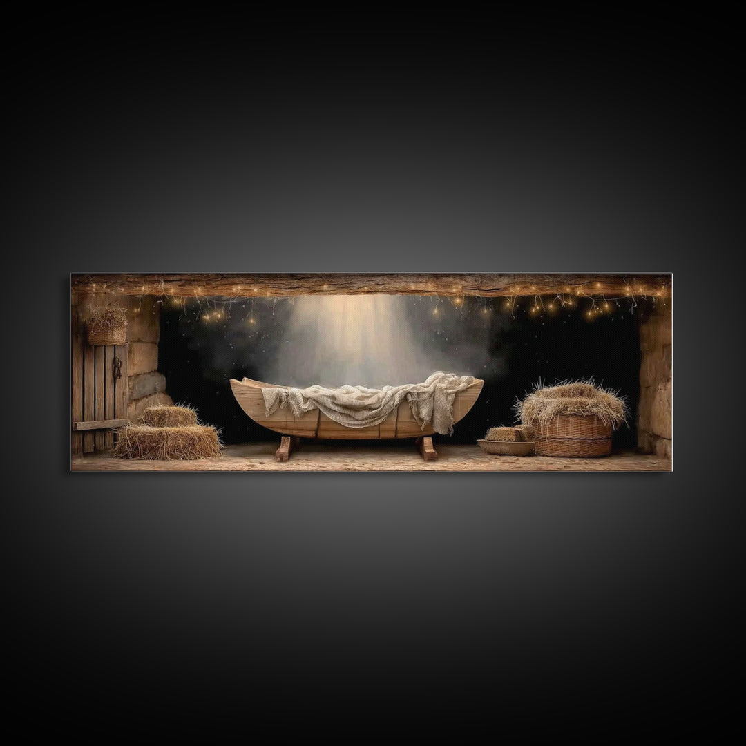 Holy Night Cradle – Framed Canvas Print – Panoramic Painting – Christian Christmas Art – Christian Art Canvas – Christmas Wall Art – Christ