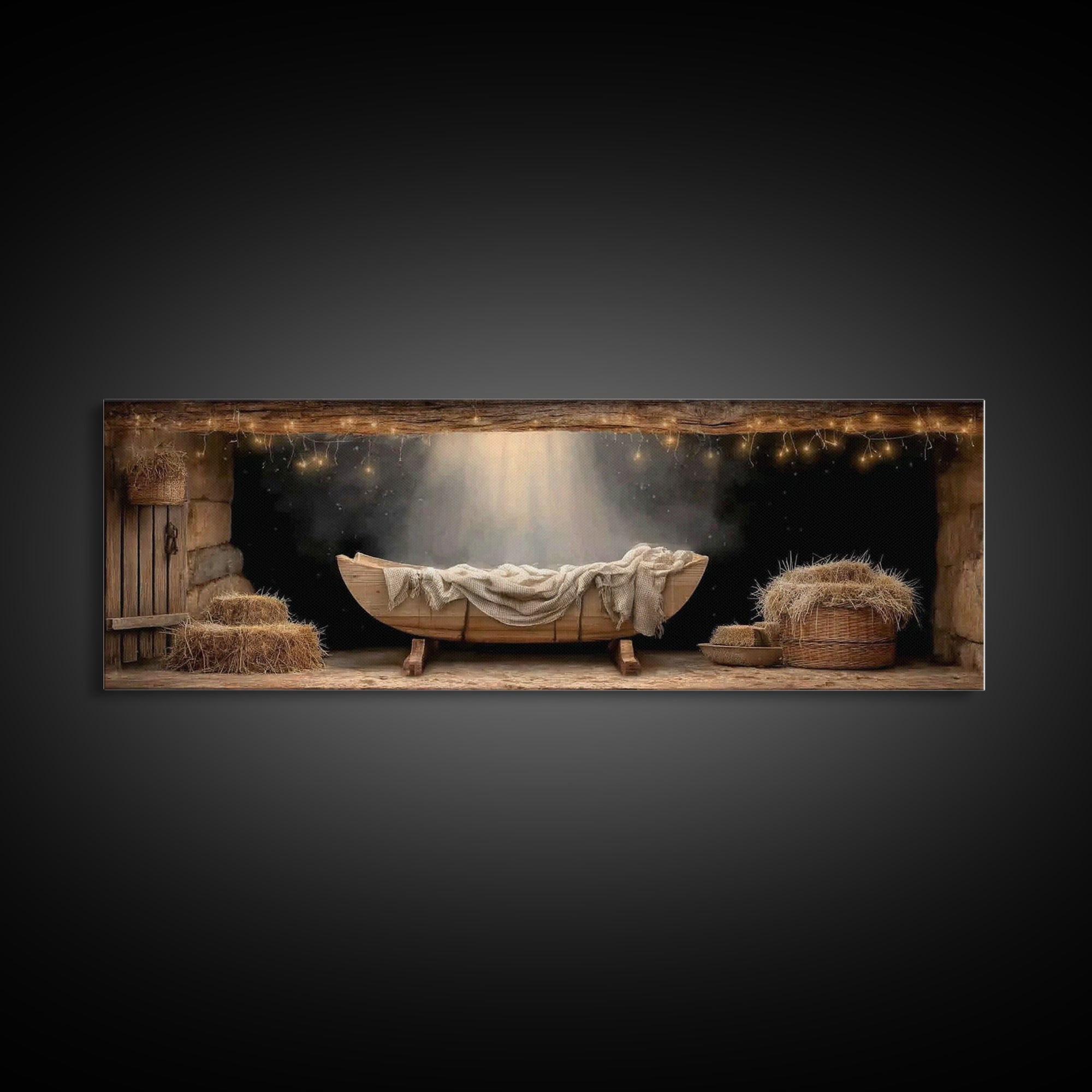 Holy Night Cradle – Framed Canvas Print – Panoramic Painting – Christian Christmas Art – Christian Art Canvas – Christmas Wall Art – Christ