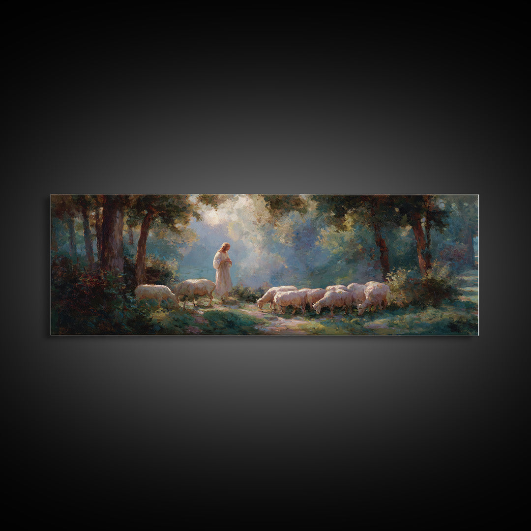 Shepherd’s Peace – Framed Canvas Print – Panoramic Painting – Christian Wall Art – Jesus Painting – Christian Art Canvas – Christian Gift I