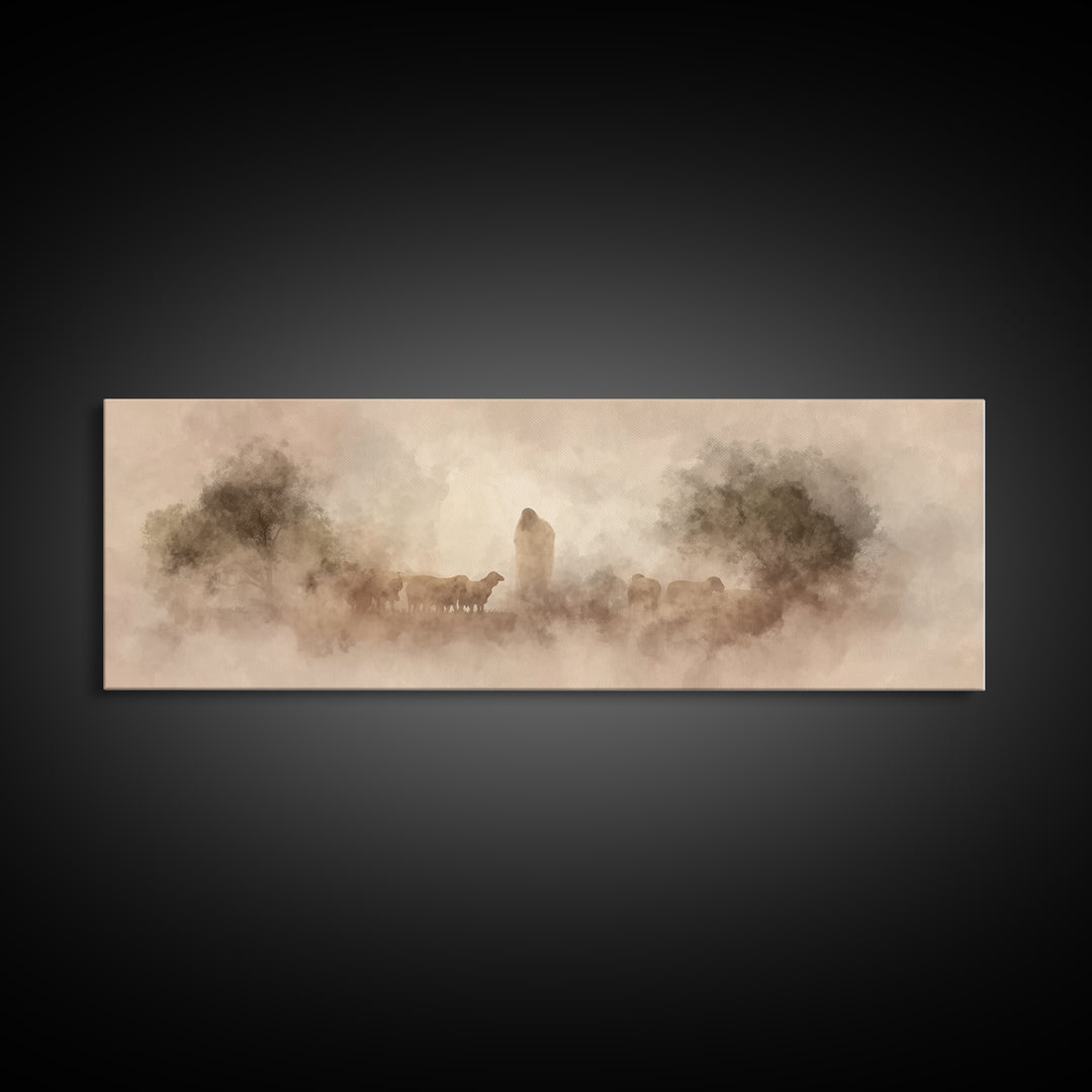 Quiet Pasture Grace | Framed Canvas Print | Panoramic Art | Christian Art | Jesus Art Print | Christian Wall Art | Christian Decor For Home