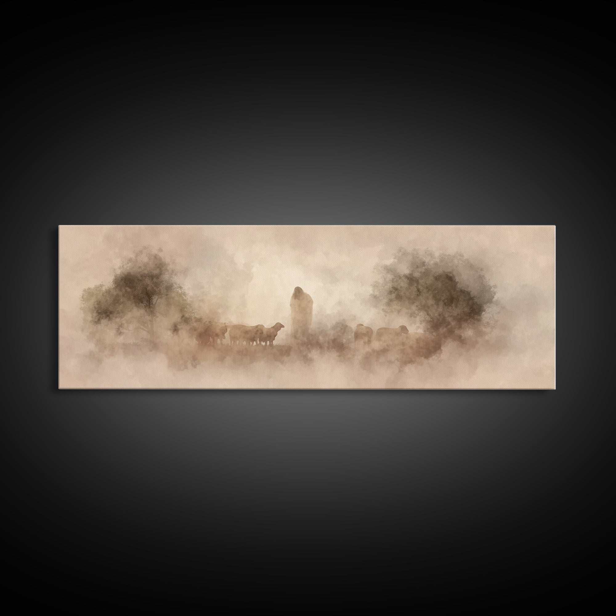Quiet Pasture Grace | Framed Canvas Print | Panoramic Art | Christian Art | Jesus Art Print | Christian Wall Art | Christian Decor For Home