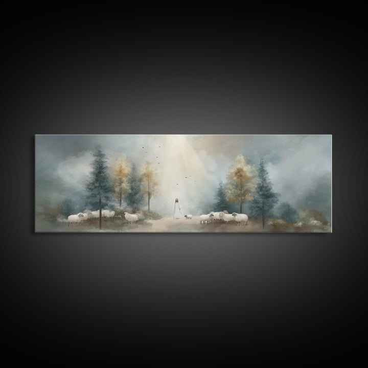 Light Of The Shepherd, Framed Canvas Print, Panoramic Wall Art, Christian Art Canvas, Jesus Painting, Christian Christmas Art, Christian Ar