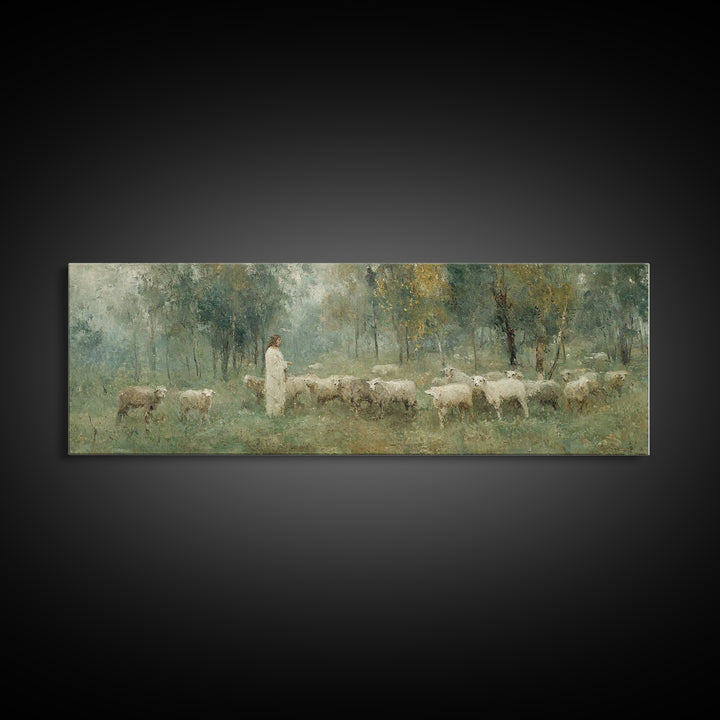 Forest Flock Devotion | Framed Canvas Print | Panoramic Art | Christian Painting | Jesus Canvas Art | Christian Wall Art | Christian Art Gi