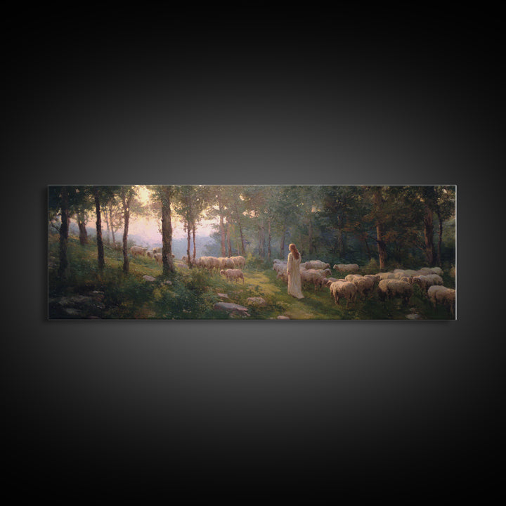 Light Of The Meadow, Framed Canvas Print, Christian Wall Art, Christian Art Canvas, Jesus Painting, Panoramic Painting, Christian Decor
