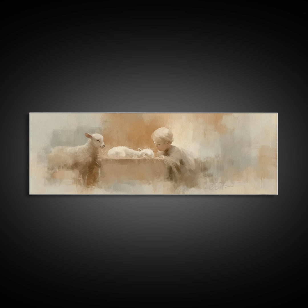 Shepherd’s Quiet Adore | Framed Canvas Print | Panoramic Wall Art | Christian Art Canvas | Christmas Art | Christian Decor | Christian Pain