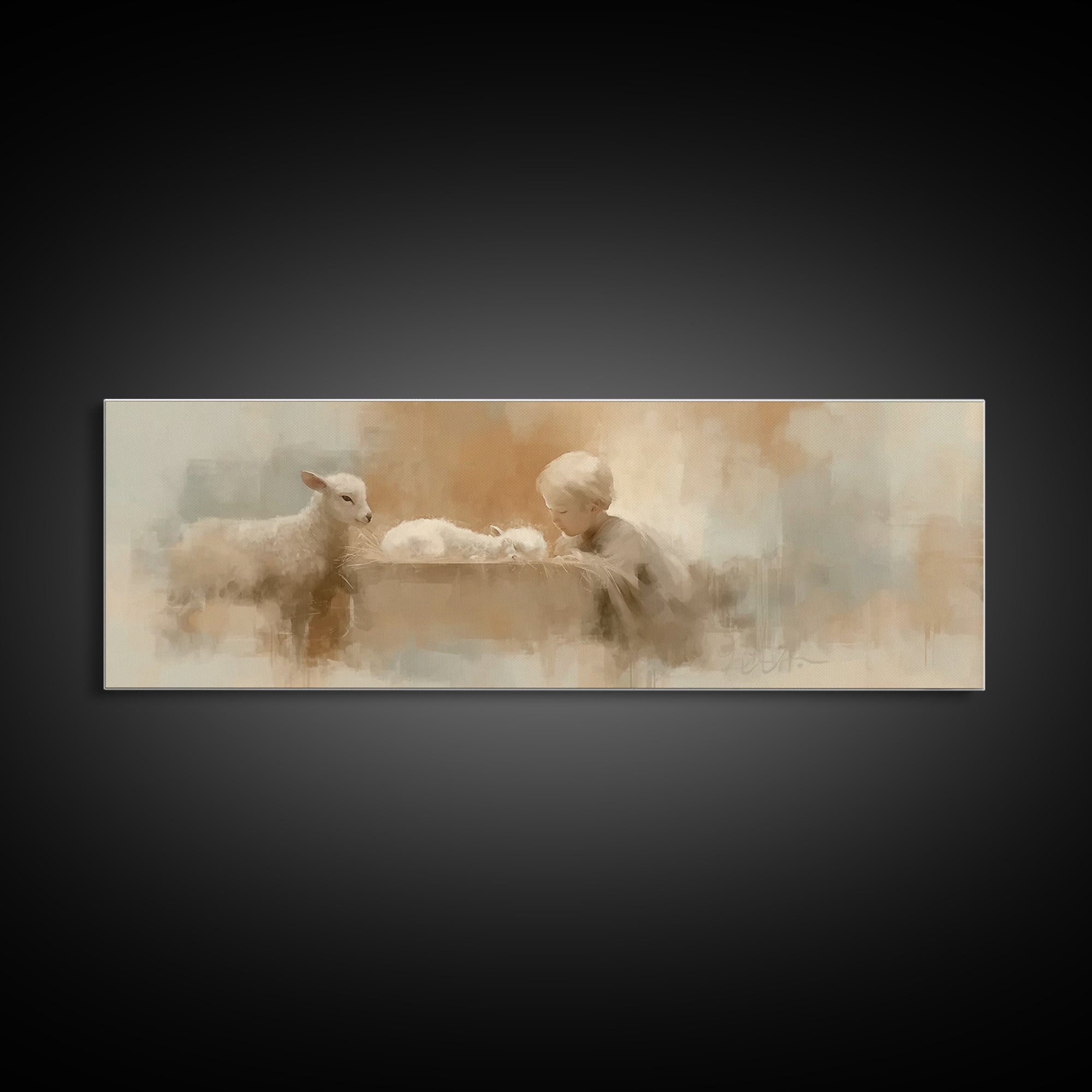 Shepherd’s Quiet Adore | Framed Canvas Print | Panoramic Wall Art | Christian Art Canvas | Christmas Art | Christian Decor | Christian Pain