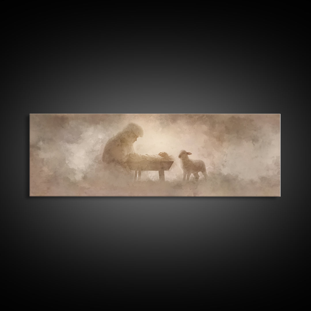 Tender Lamb Joy – Framed Canvas Print – Panoramic Print – Christian Art Canvas – Christian Wall Art – Christmas Art – Christian Christmas A