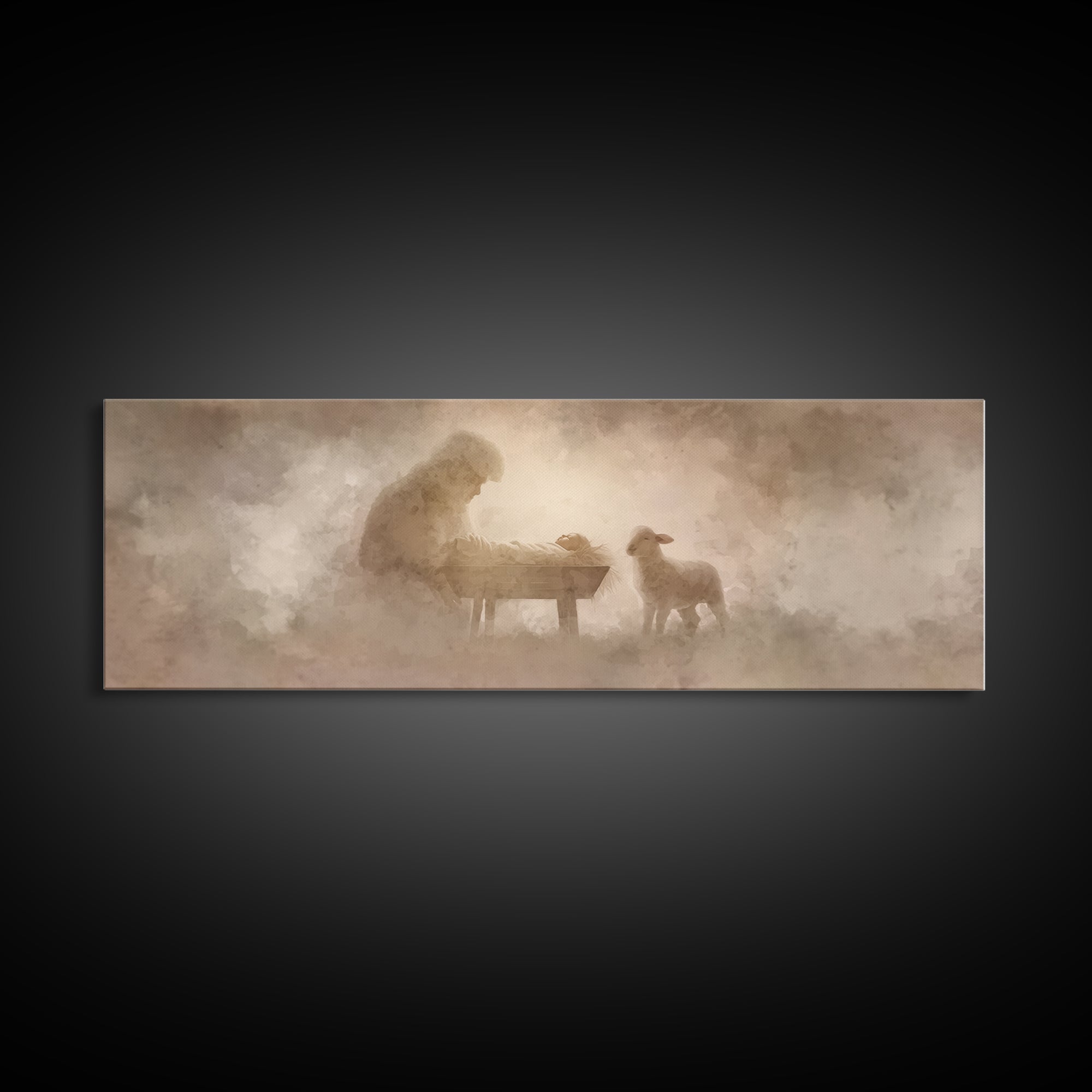 Tender Lamb Joy – Framed Canvas Print – Panoramic Print – Christian Art Canvas – Christian Wall Art – Christmas Art – Christian Christmas A