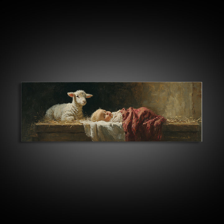 Holy Manger Light – Framed Canvas Print – Christian Wall Art – Jesus Painting – Panoramic Art – Christian Christmas Art