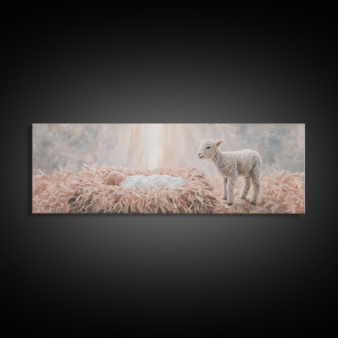Gentle Nativity Peace, Framed Canvas Print, Christian Christmas Art, Panoramic Wall Art, Christian Wall Art, Jesus Painting