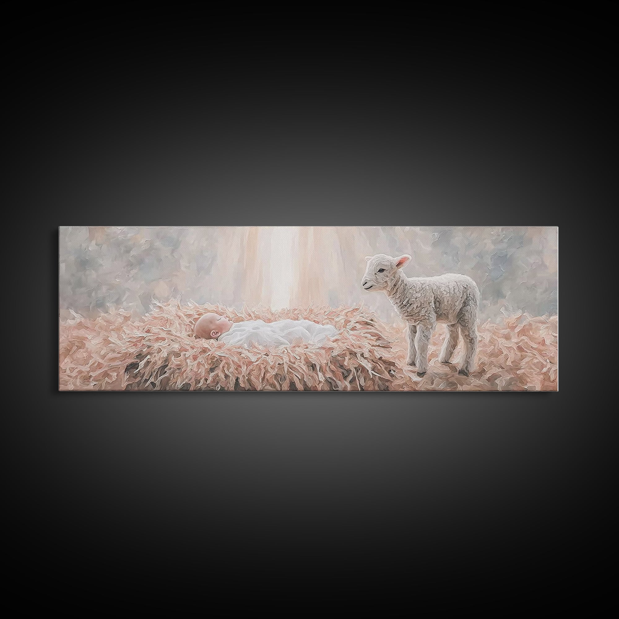 Gentle Nativity Peace, Framed Canvas Print, Christian Christmas Art, Panoramic Wall Art, Christian Wall Art, Jesus Painting