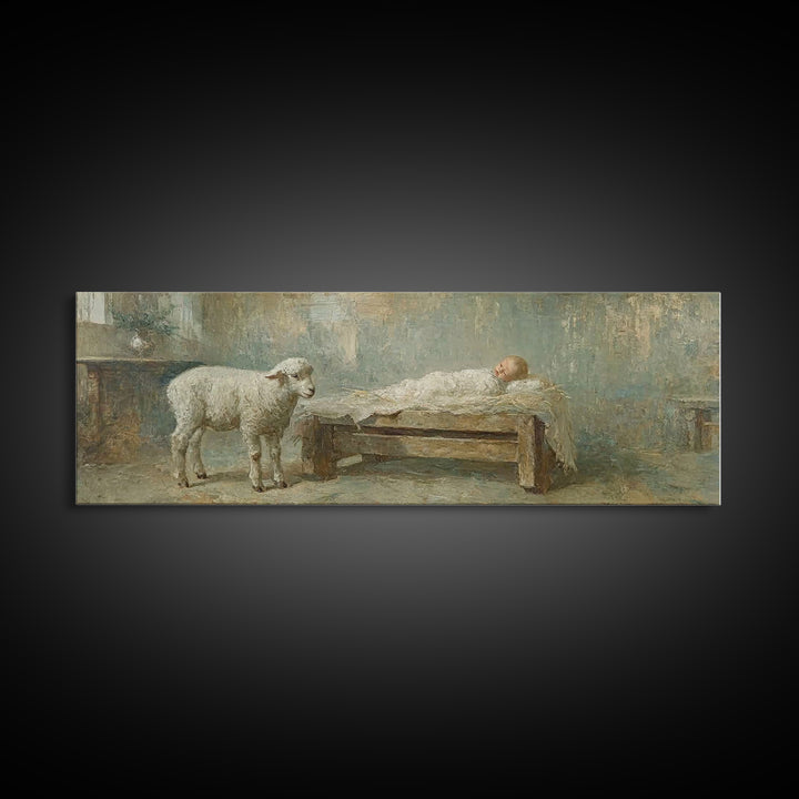 Lamb Of Promise, Framed Canvas Print, Christmas Wall Art, Panoramic Art, Christian Art Canvas, Christian Christmas Art