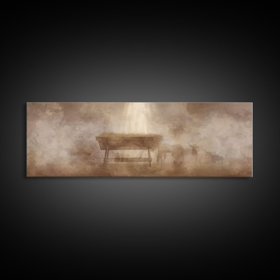 Shepherds At Peace, Framed Canvas Print, Panoramic Painting, Christian Art Canvas, Christian Wall Art, Christmas Art, Subtle Christian Art