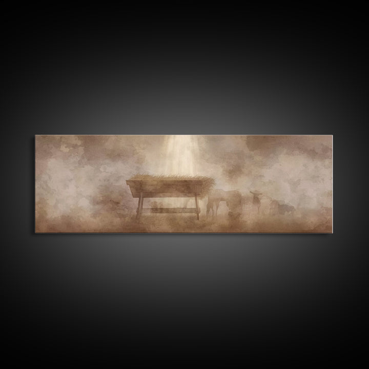 Shepherds At Peace, Framed Canvas Print, Panoramic Painting, Christian Art Canvas, Christian Wall Art, Christmas Art, Subtle Christian Art