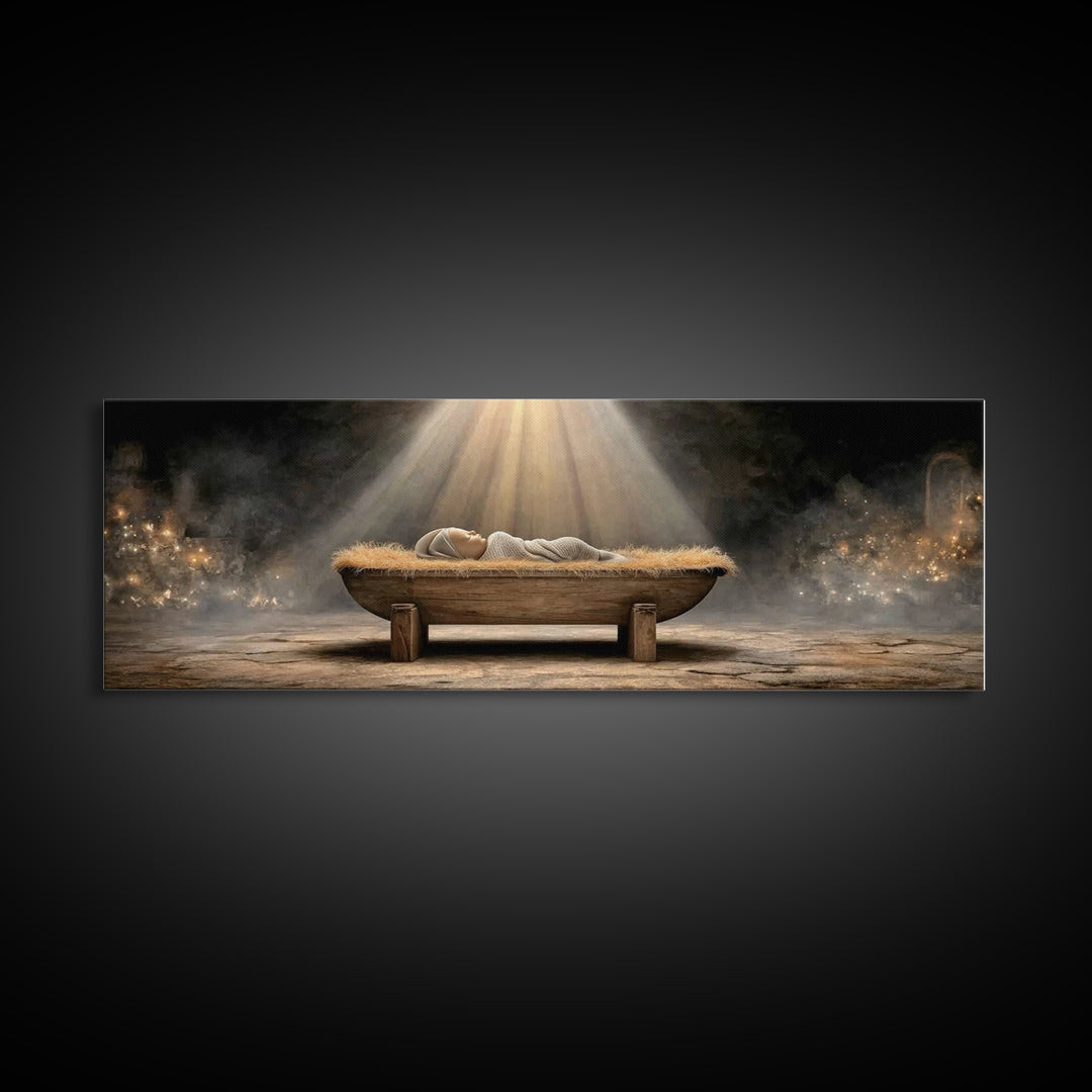 Holy Nativity Light, Framed Canvas Print, Panoramic Painting, Christmas Art, Christian Christmas Art, Jesus Christmas Art, Framed Christmas