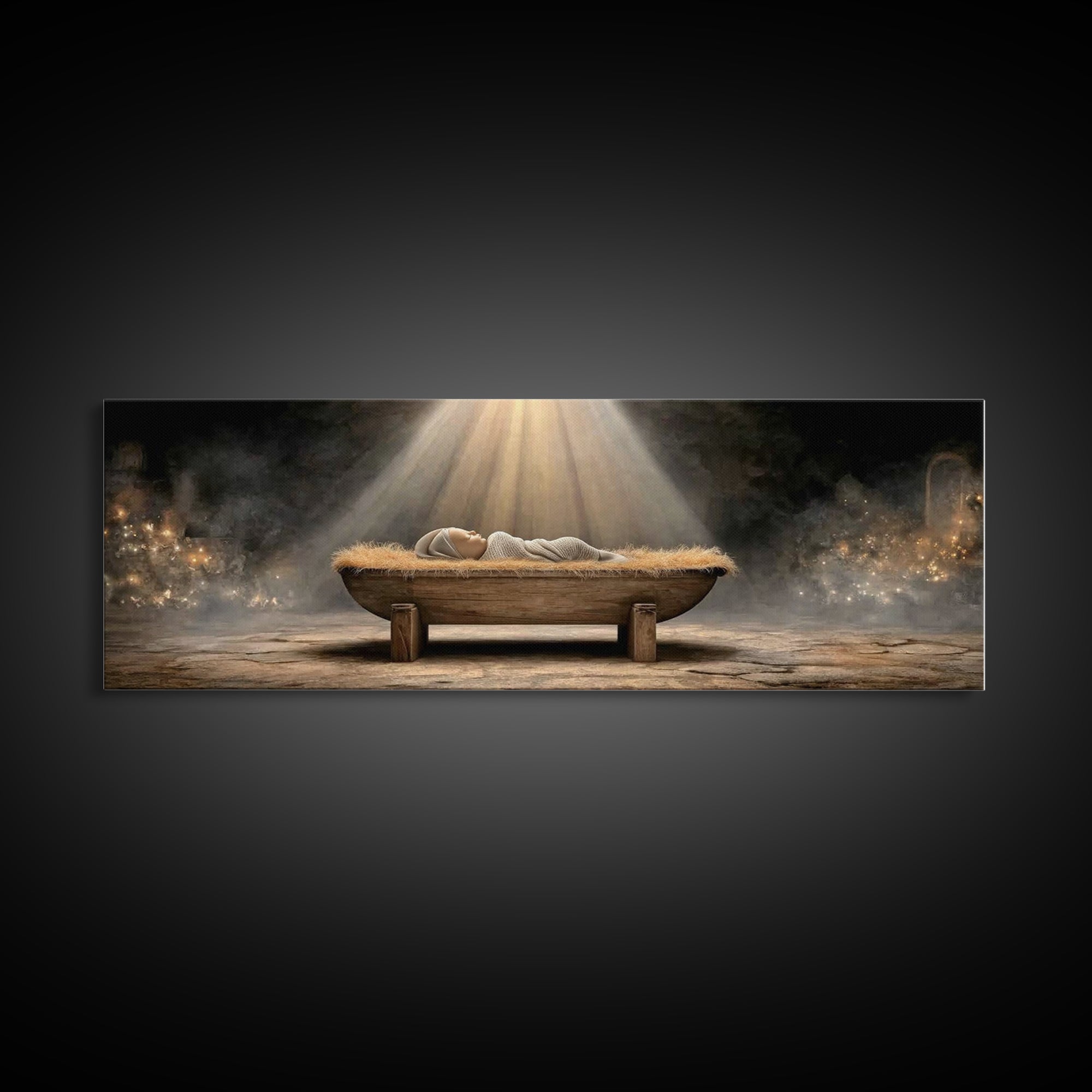 Holy Nativity Light, Framed Canvas Print, Panoramic Painting, Christmas Art, Christian Christmas Art, Jesus Christmas Art, Framed Christmas