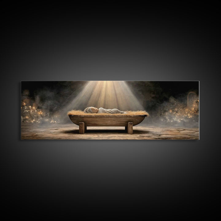 Holy Nativity Light, Framed Canvas Print, Panoramic Painting, Christmas Art, Christian Christmas Art, Jesus Christmas Art, Framed Christmas