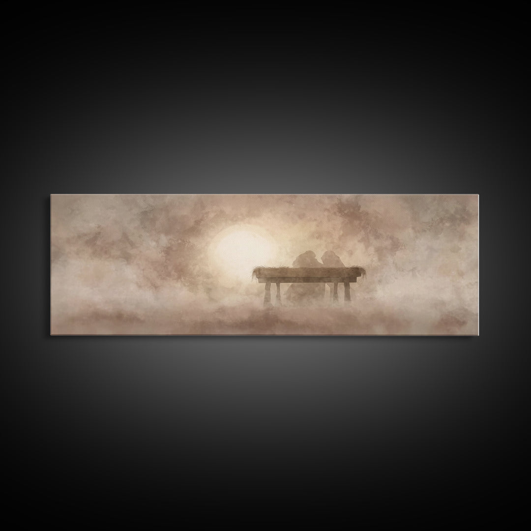 Manger In The Mist | Framed Canvas Print | Panoramic Wall Art | Christian Christmas Art | Christmas Canvas Wall Art | Christian Art Canvas
