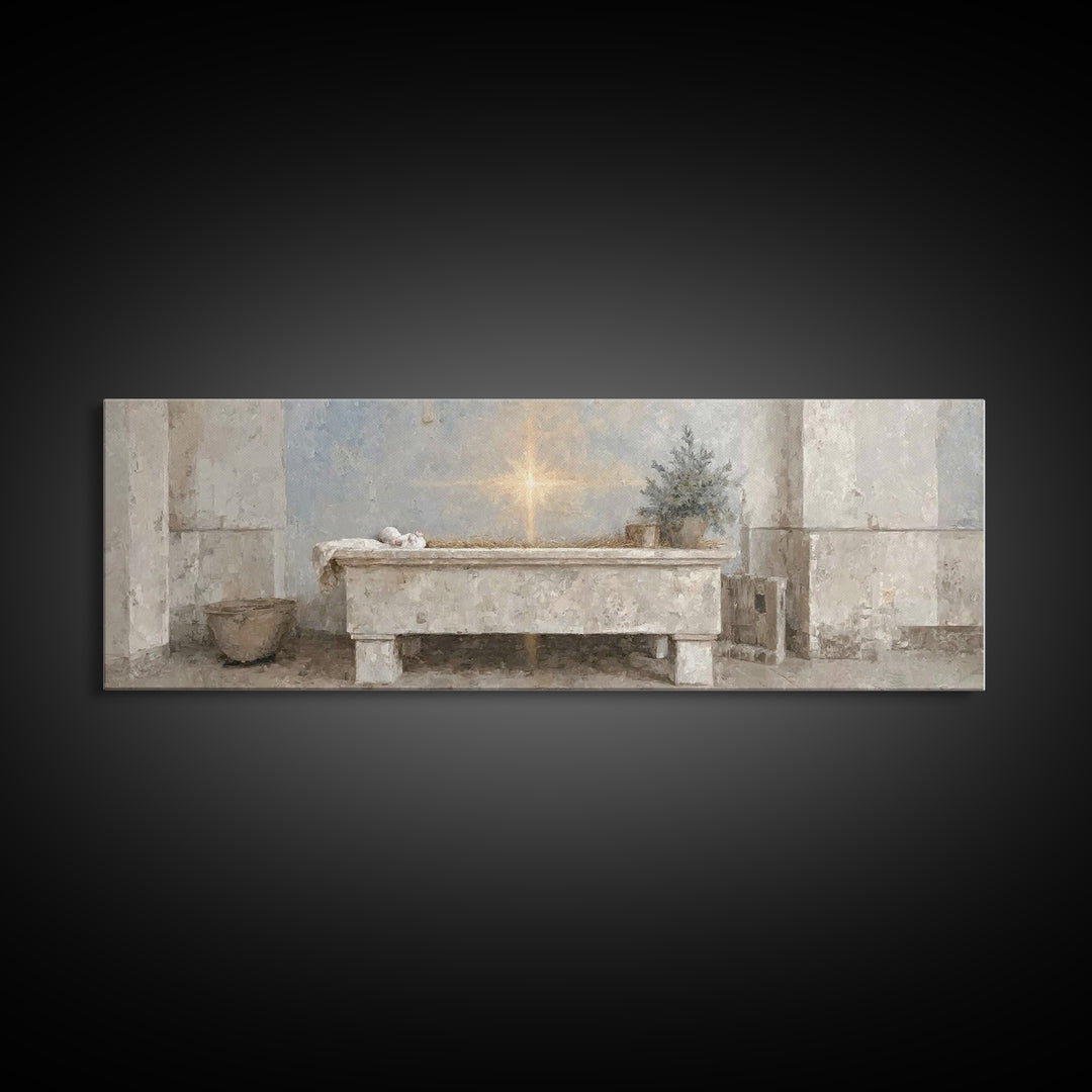 Guiding Manger Light – Framed Canvas Print – Christian Wall Art – Christmas Art – Christian Art Canvas – Panoramic Art – Jesus Painting – C