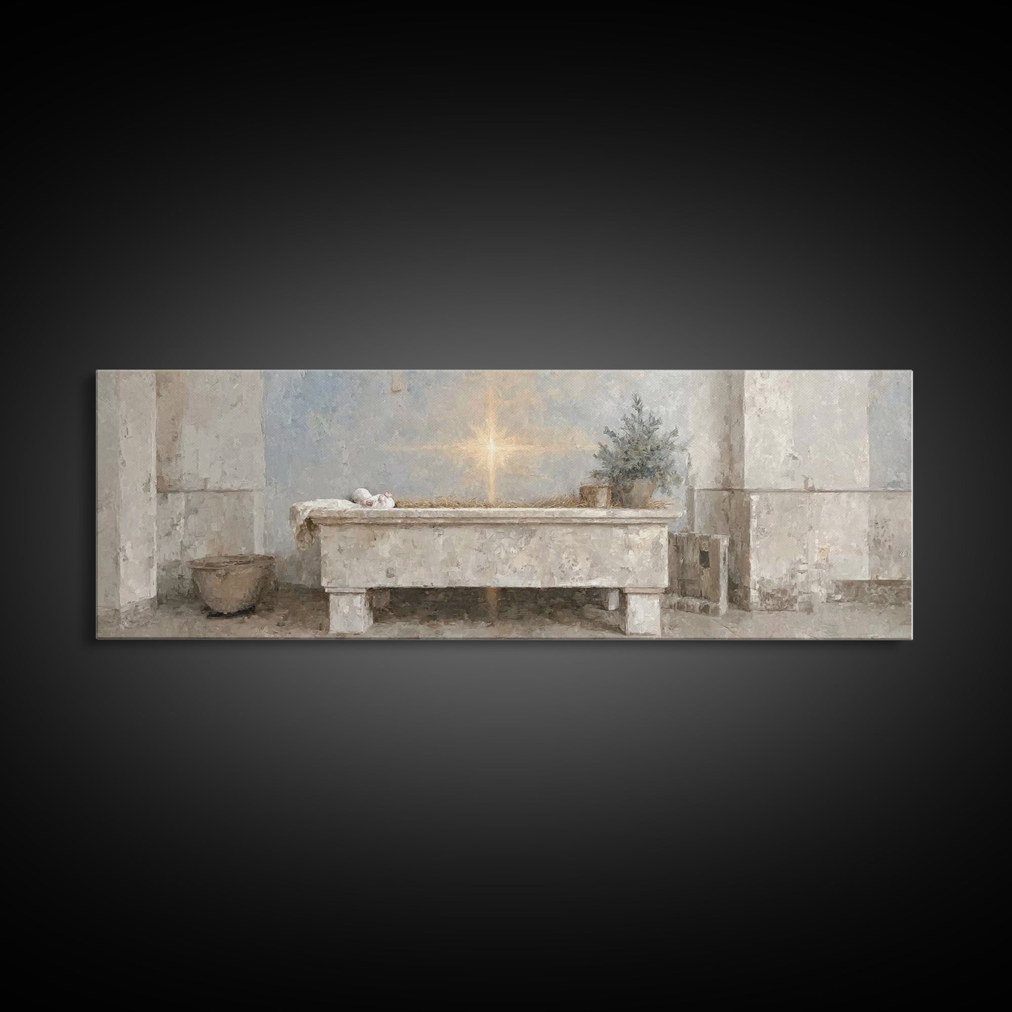 Guiding Manger Light – Framed Canvas Print – Christian Wall Art – Christmas Art – Christian Art Canvas – Panoramic Art – Jesus Painting – C
