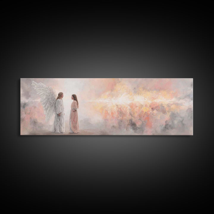 Angelic Dawn Message – Framed Canvas Print – Christian Art – Christian Wall Art – Panoramic Painting – Christmas Art – Christian Art Canvas