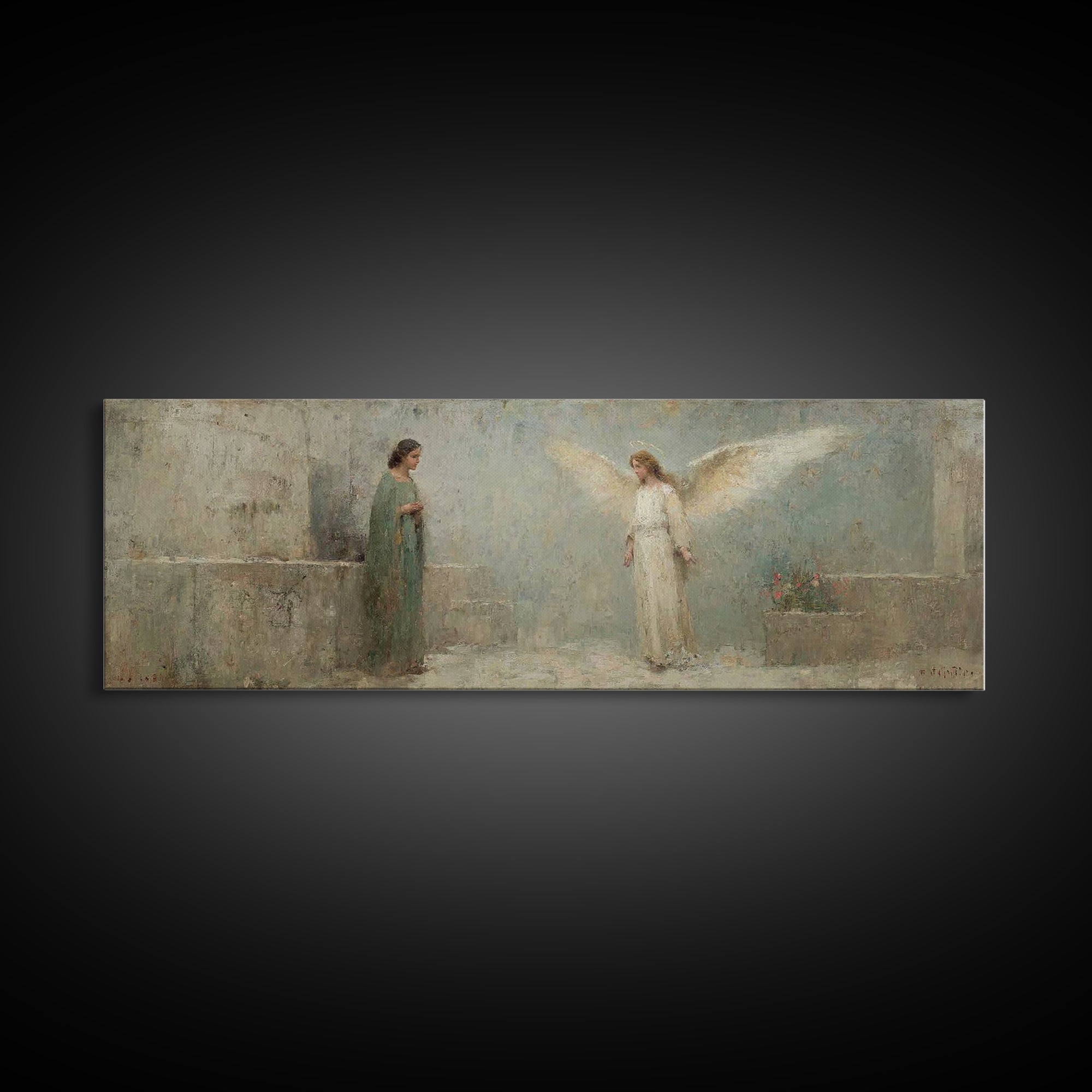 Sacred Annunciation Quiet | Framed Canvas Print | Christian Wall Art | Christian Art Canvas | Panoramic Art | Christmas Art | Christian Pai