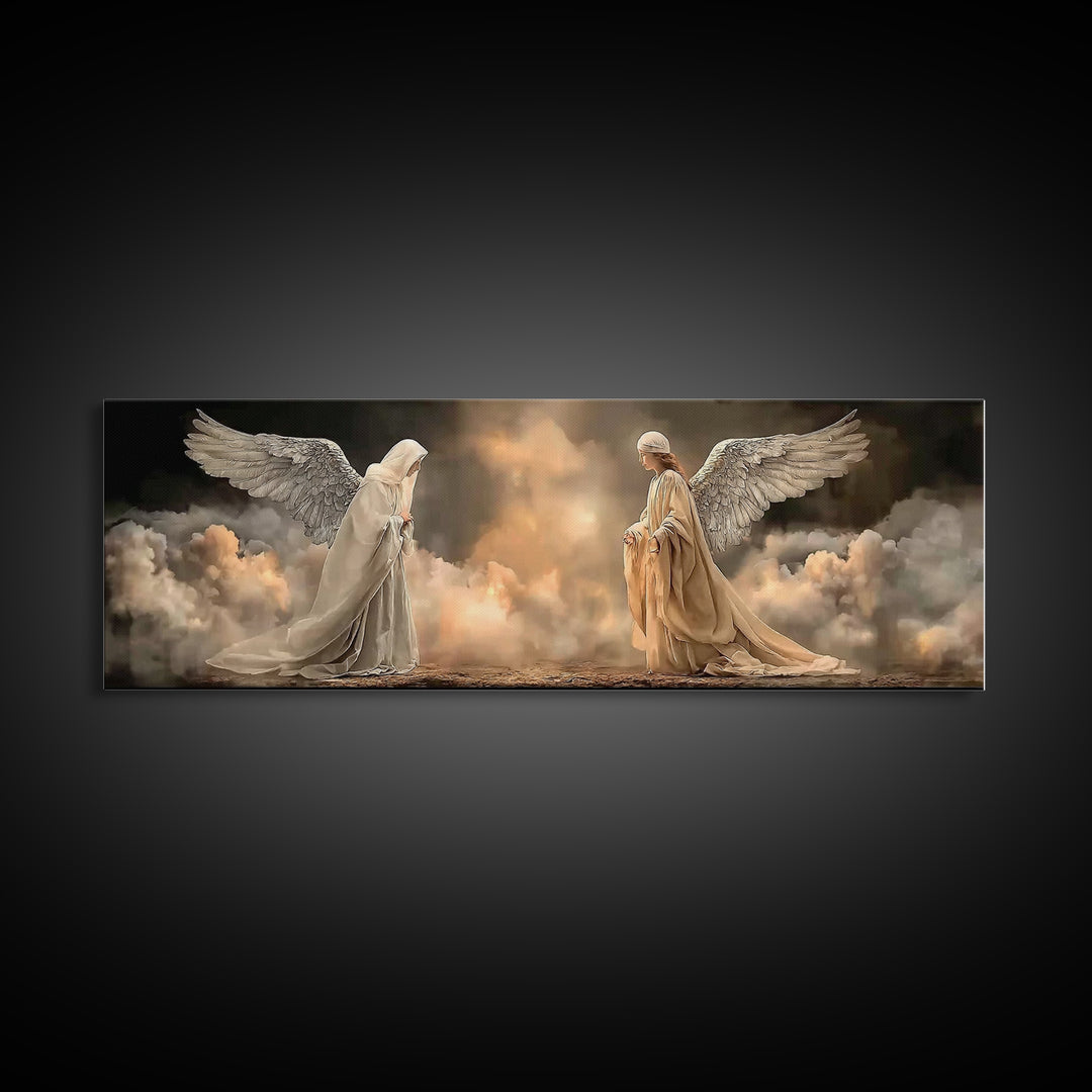 Heavenly Meeting Glow, Framed Canvas Print, Christian Art Canvas, Christian Wall Art, Christmas Art, Panoramic Print, Christian Christmas A
